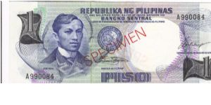 Republika Ng Pilipinas 1 Peso Specimen note. Banknote