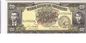 PI-137s4 Central Bank of the Philippines 20 Pesos Specimen note. Banknote