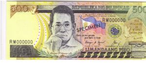 Republika Ng Pilipinas 500 Peso Specimen note. Banknote