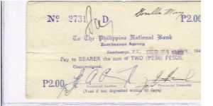 RARE Philippine National Bank Zamboanga Agency 2 Pesos check. Banknote