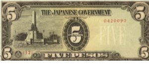 PI-110 Philippine 5 Pesos note under Japan rule, plate number 32. Banknote