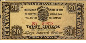 S-213 Cebu 20 Centavos note. Banknote