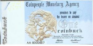 Coinpeople Monetary Agency 1 Coinbuck 2005 Banknote