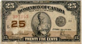 Dominion of Canada 25 cent fractional note. Banknote