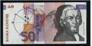 50 Tolarjev.

J. Vega at right, geometric design and calculations at left center on face; academy at upper left, planets and geometric design at center on back.

Pick #13a Banknote