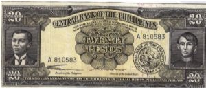 PI-137a RARE English series Philippine 20 Pesos note with signature 1 series. Banknote