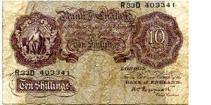 Brittania series A

Kenneth O Peppiatt 1934-1949 
Apr 1940
10/- WWII Emergancy Mauve Note
Metal security Thread
Watermarked with a Helmeted Head Banknote