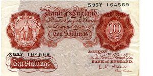 Brittania series A
Leslie K O'Brien 1955-1962 
Nov 1955
10/- Red Brown
Metal security Thread
Watermarked with a Helmeted Head Banknote