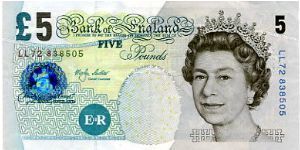 HRH New Portrait series E
Merlyn Lowther 1999-2003
May 2002
Replacement note
£5 Mainly Blue
Rev Elizabeth Fry
Metal security Thread
Watermarked with a Queens Head Banknote