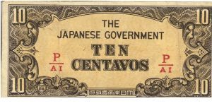PI-104b Philippine 10 centavos note under Japan rule, fractional block letters P/AI. Banknote