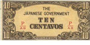 PI-104b Philippine 10 centavos note under Japan rule, fractional block letters P/AB. Banknote