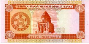 1 Manat 
Front Ylymlar academy and native craft 
Rev Shield and temple 
Watermark is a rearing Arabian horse. Banknote