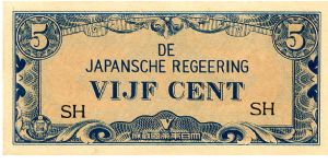 Dutch East Indies Japanese Occupation Currency 1942
5 c
Front Blue on Buff, Value in 2 corners, V bottom center, fancy scrolling
Rev Blue on White, Value in all 4 corners & center Banknote