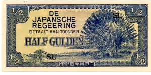 Dutch East Indies Japanese Occupation Currency 1942 
1/2g Blue on Cream
Front Large tree
Rev Value in cachets Banknote