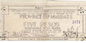 S-459 RARE Province of Masbate 5 Pesos Emergency Treasury Certificate. Banknote