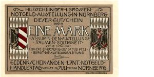 Germany
1M
Nurenburg Notgeld Jul 1921
Front State & City Arms each end with value in center
Rev City arms in center value in all corners Banknote