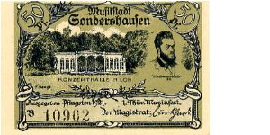 Germany Unknown 
50pf green
Front music hall & Max ?rdmannsdorfe? 1871
Rev £ unknown Men possibly princes of Schwarzburg principalities Banknote