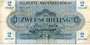 Austrian Millitary Currency Series 1944
2s Blue/Black
Front Fancy Cachet Value in Numerals & German
Rev Fancy Cachet Value in Numerals
Security Thread Banknote