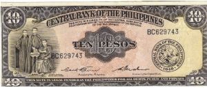 PI-136c RARE Philippine English series 10 Pesos note with signature group 3, with prefix BC. Banknote