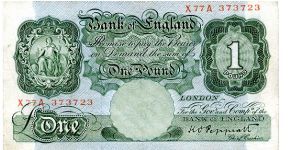 Brittania series A

Kenneth O Peppiatt 1934-1949
 
1948
£1 Green
Metal security Thread
Watermarked with a Helmeted Head Banknote