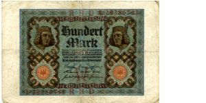 Germany
Berlin Nov 1920
100M Blue/Black
Red Seal
Front 2 heads in fancy cachets, Value in center
Rev Value in 4 corners & center
Watermark value Banknote