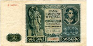 German Occupation

Krakow 1 Sep 1941
50z Blue/Cream
Front Female Statue, writting in center, Female head
Rev Palace?
WatermarkHead of Polish Pesant Banknote