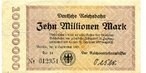 Germany
Berlin 2 Sep 1923
10000000M Buff/Black
Black seal
Front Frame & value down 1 edge
Rev Uniface
Watermark Interlaced Diamonds Banknote