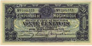 KM#R29 Companhia de Moçambique 20 Centavos 1933, punched Pago 5/11/1942 Banknote