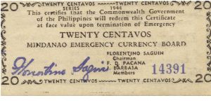S-521 Mindanao 20 centavos note. Banknote