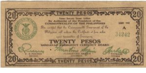 S-489c Mindanao 20 Pesos note, countersigned Oteyza. Banknote
