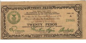 S-489b Mindanao 20 Pesos note, Countersigned Barbasa, W/O stamped title. Banknote