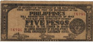 S-136a Bohol 5 Pesos note. Banknote