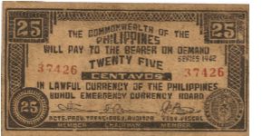 S-132b Bohol 25 centavos note. Banknote