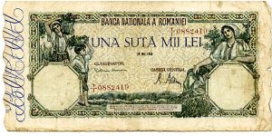 Romania
100,000 lei
28 May 1946
Green/Brown with scalloped edge
Front Peasant woman & Child with fruit baskets, name of bank & value top center, Woman sitting
Rev Peasant Women in field 
Watermark Yes Banknote