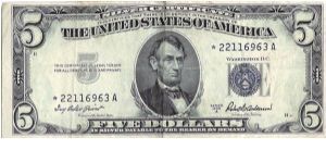 1953 $5 Silver Certificate star note, blue seal. Banknote