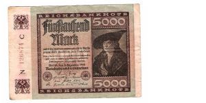 GERMANY
5000-MARK
LARGE SERIAL NUMBER 
N 126874 C
5/OF 17 Banknote