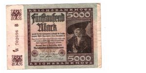 GERMANY
5000-MARK
LARGE SERIAL NUMBER
W 702696 B

6/17 Banknote