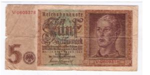 GERMANY
5-MARK
3 OF 4
SERIEL NUMBER
V-0609378 Banknote