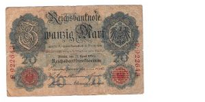 GERMANY 20 MARK
2 OF 5 DATED 1910
# F 922643 Banknote