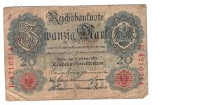 GERMANY 20 MARK
8 OF 8 DATED 1914
# K 4216214 Banknote