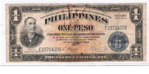 COMMON WEALTH OF THE PHILIPPINES  / USA
VICTORY OVERPRINT
ONE PESO
VICTORY SERIES  NO.66 
1940'S DATE I BELIEVE Banknote