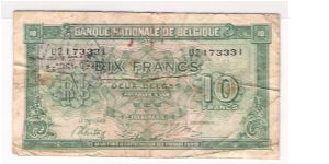 BELGIUM
10 FRANCS
SERIEL # U2173334
DATED 01.02.43

WITH A COUNTER STAMP OF SOME SORT Banknote