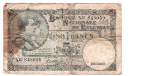 BELGIUM
5- FRANCS
DATED 12.04.38
SERIEL #
X15  848059 Banknote