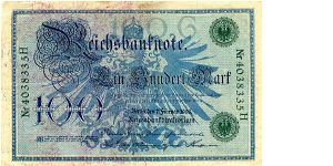 Berlin 7 Feb 1908 
100M Blue
Seal Green
Front Imperial Eagle in center
Rev Girls Head in center cachet supported on each side by a kneeling girl, value iin top corners
Watermark  No Banknote