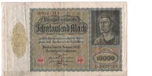 GERMANY
1922
10,000 MARKS
SERIEL # D.9227315 Banknote