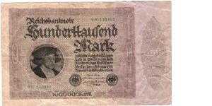 GERMANY
1923
100,000-MARK
SERIEL # 9D.110312

HANDWRITTEN SIGNATURE IN PENCIL ON REVERSE
NOT SURE IF THT MAKES IT A SHORT SNORTER OR NOT Banknote