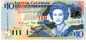 East Carribean States  
Antigua & Barbuda 2003
$10
Multi 
Governor K D Venner
Front Fish, Turtle, Goverment House, HRH EII 
Rev Admiralty Bay, Map, The Warspite, fish
Security Thread
Watermark Queens Head Banknote