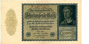 Berlin 19.1.1922
10,000 Rm
Blue/Olive
Seal Black
Front value 3/4 frame Value above seals, Mans head above value
Rev 2 Fancy Cachets each side of Imperial Eagle, Value
Watermark Interlocking Diamonds Banknote