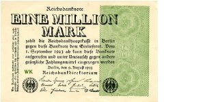 Berlin 9.8.1923
1000000M
Black/Green
Seal Black
Front Value above seals very fancy scrollwork
Rev Uniface
Watermark Yes Banknote