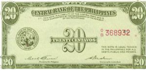 PI-130b RARE Central Bank of the Philippines 20 centavos note in series, 2 - 3. Banknote